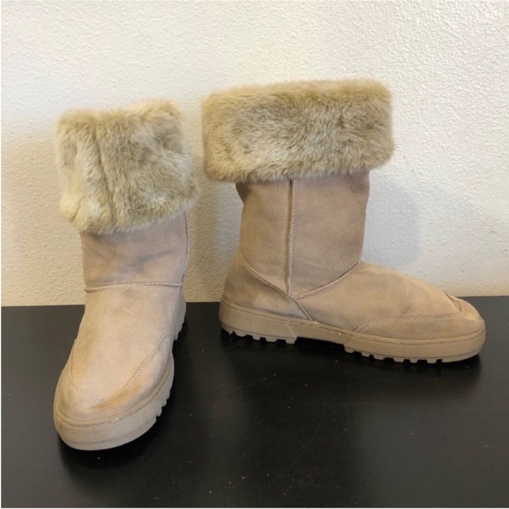 Tan Beige Leather Suede Faux Fur Winter Boots